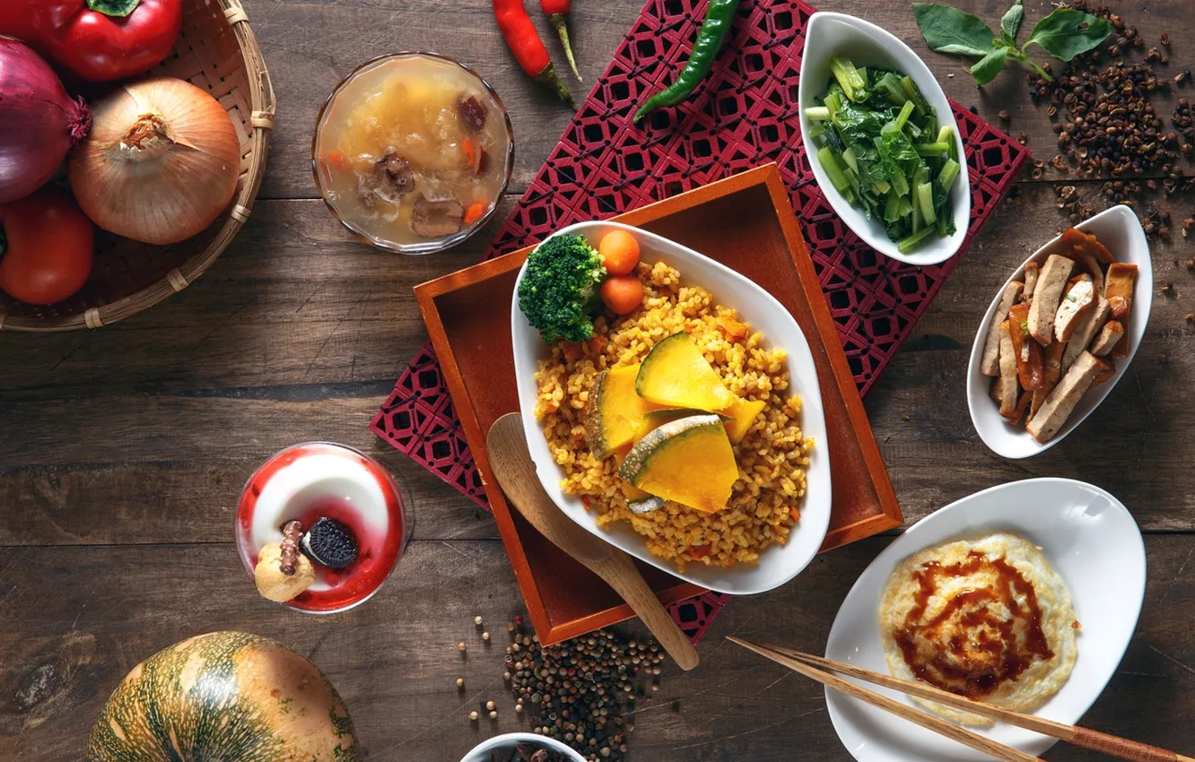 Photo wallpaper bow, pumpkin, pepper, figure, vegetables, dish, cuts