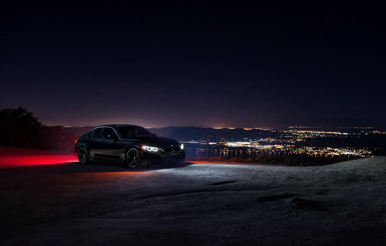 Photo wallpaper BMW, City, Car, Sky, Front, Black, Ligth, Nigth