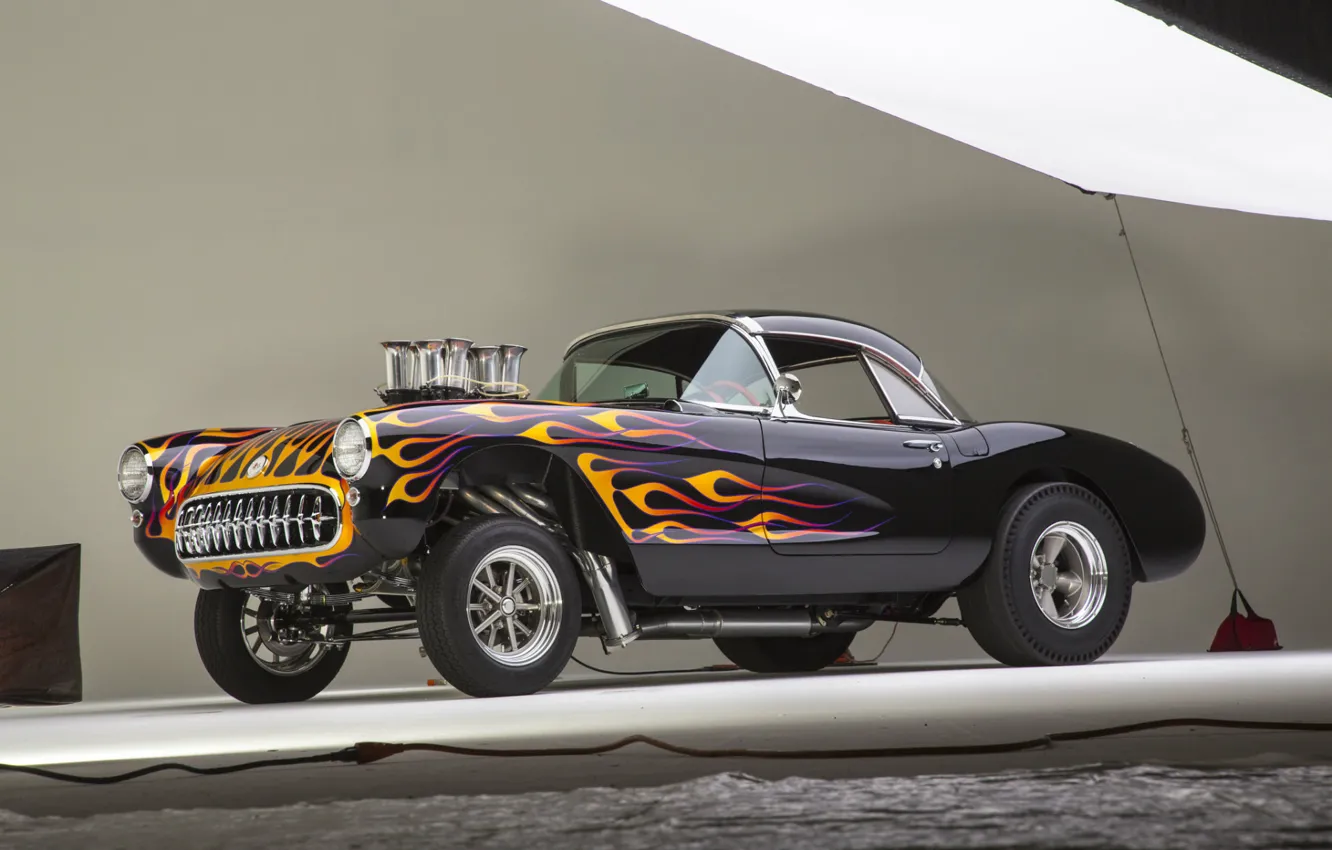 Photo wallpaper Corvette, Classic, Gasser, Flames, Bowtie