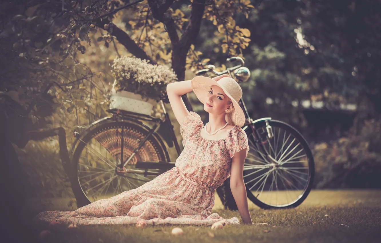 Photo wallpaper look, girl, bike, pose, dress, blonde, hat