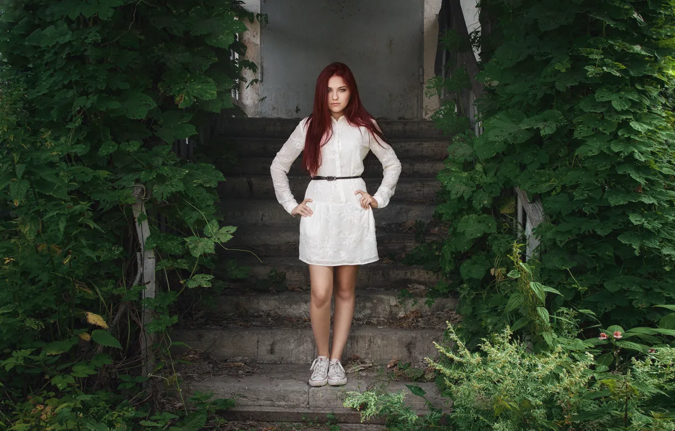 Photo wallpaper grass, look, girl, face, pose, foliage, model, sneakers