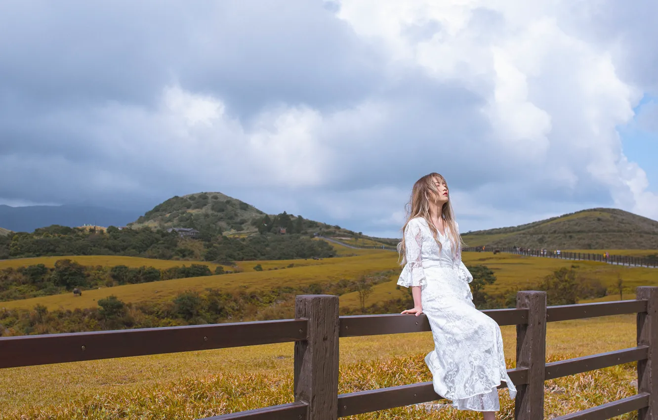 Photo wallpaper field, girl, mountains, nature, mood, relax, the fence, the situation