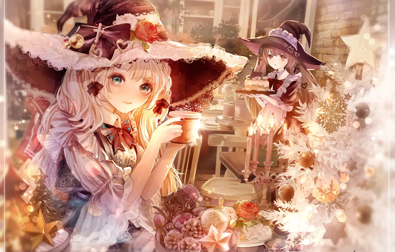 Photo wallpaper girls, tree, new year, cafe, cake, witches