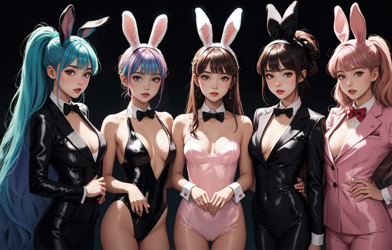 Photo wallpaper girl, group, anime, rabbit, Asian, ears