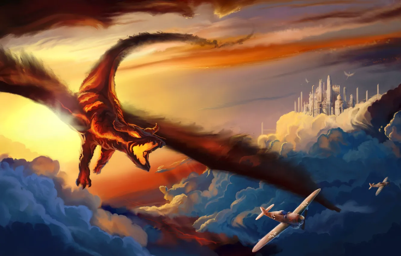 Photo wallpaper sunset, dragon, aircraft