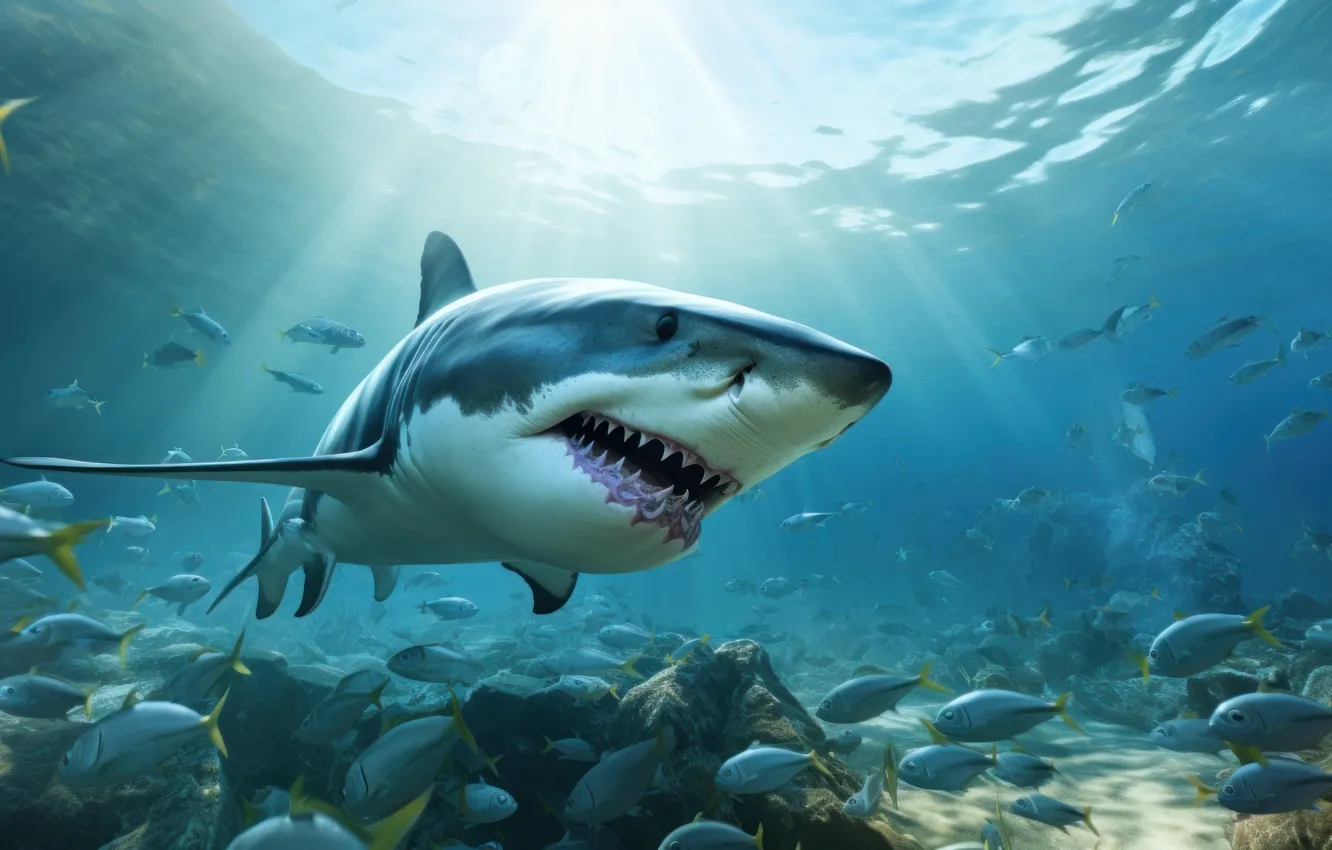 Photo wallpaper sea, water, fish, predator, shark, mouth, underwater world, under water