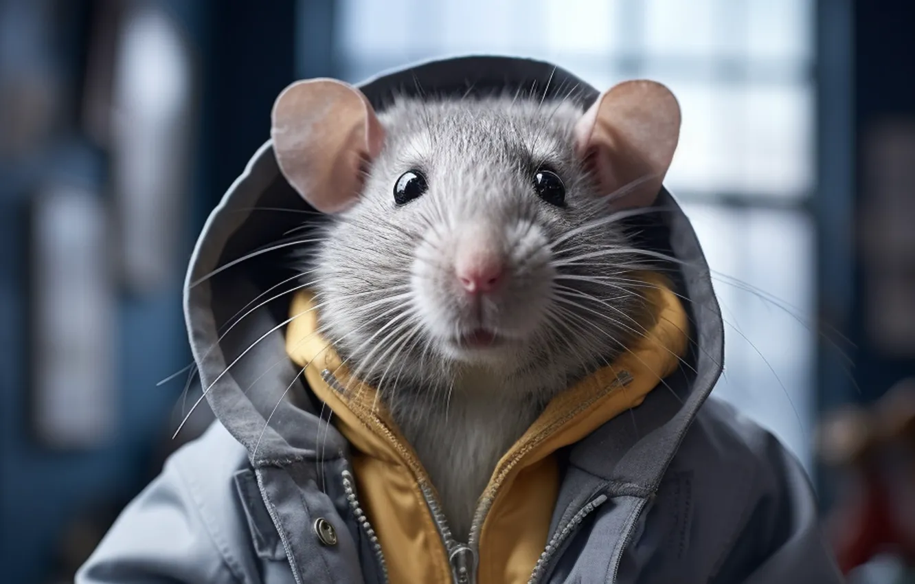 Photo wallpaper mouse, mouse, jacket, hood, rat, rodent, AI art, neural network
