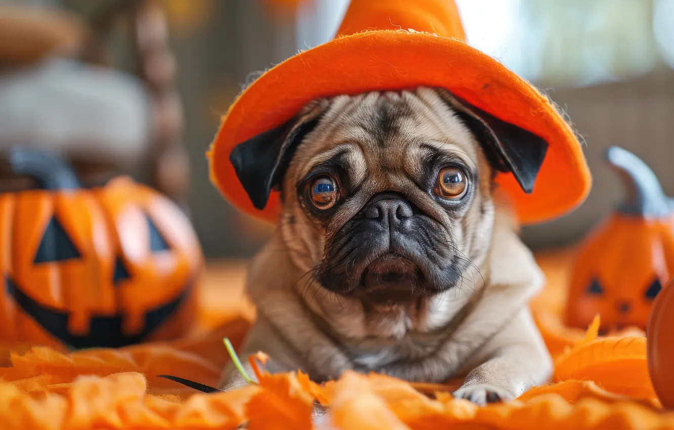 Photo wallpaper look, pose, dog, hat, pug, pumpkin, Halloween, Halloween