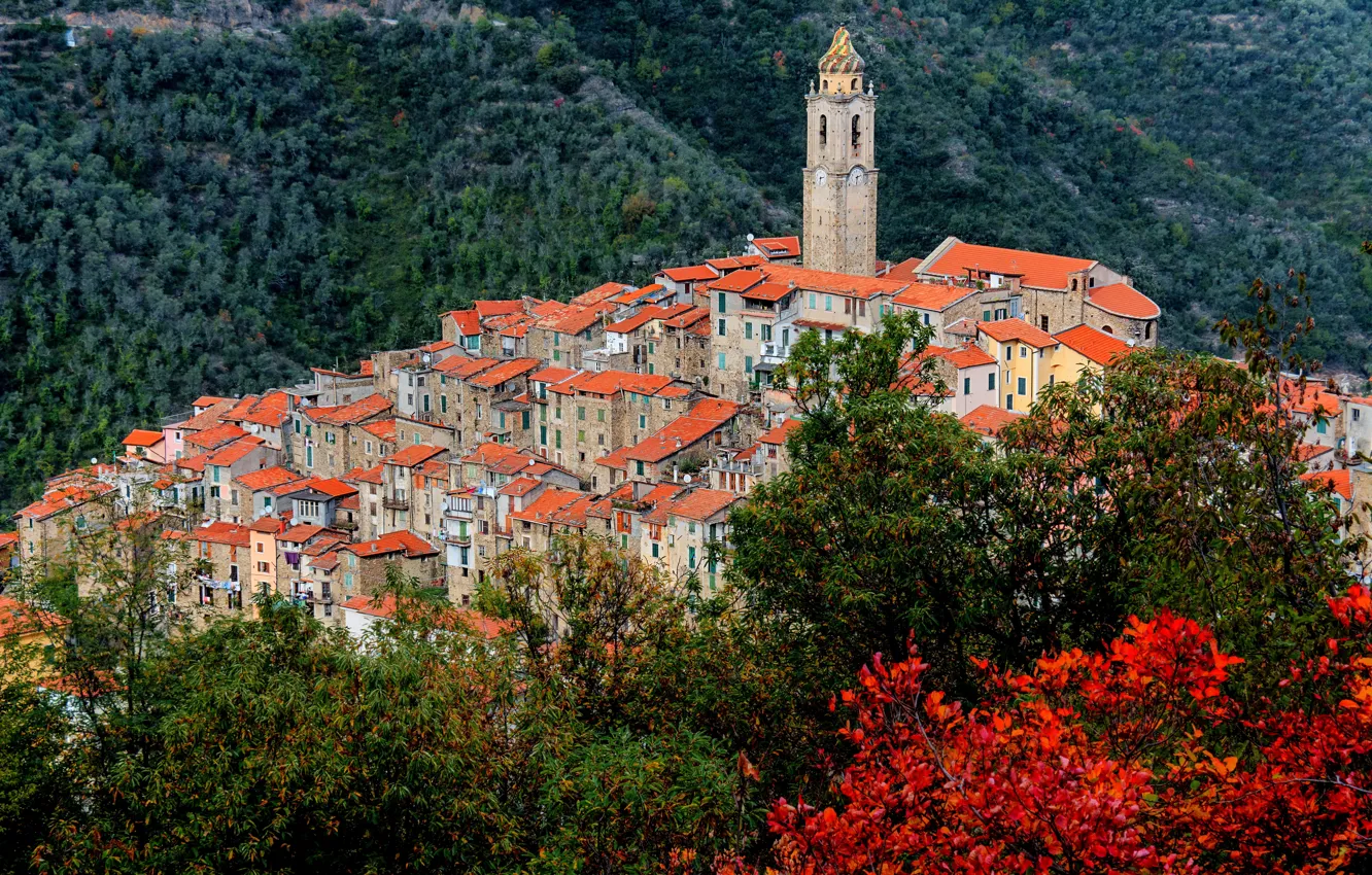 Photo wallpaper roof, forest, trees, mountains, watch, tower, home, Italy