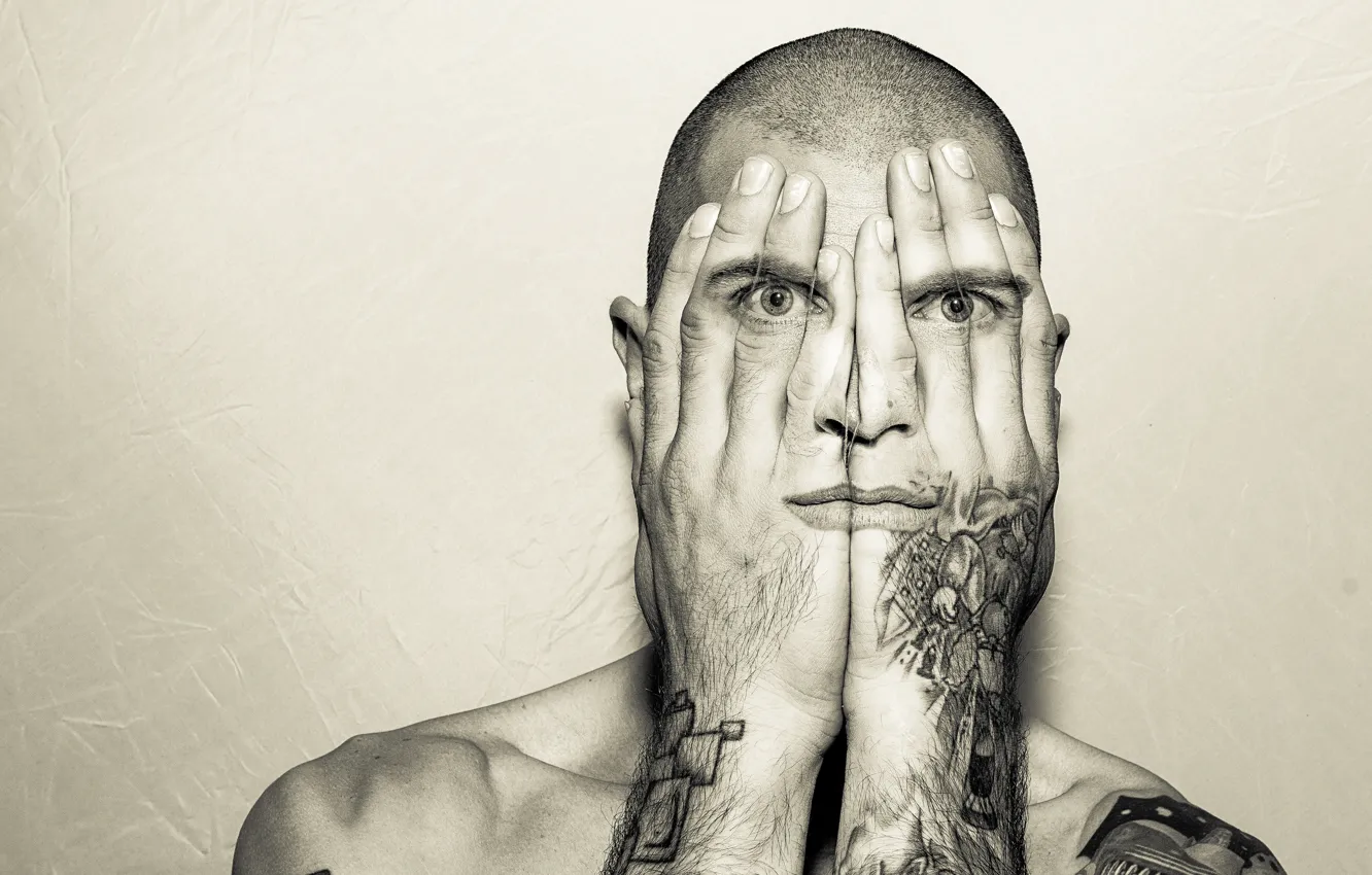 Photo wallpaper eyes, mouth, hands, tattoo, male, eyes, man, tattoo