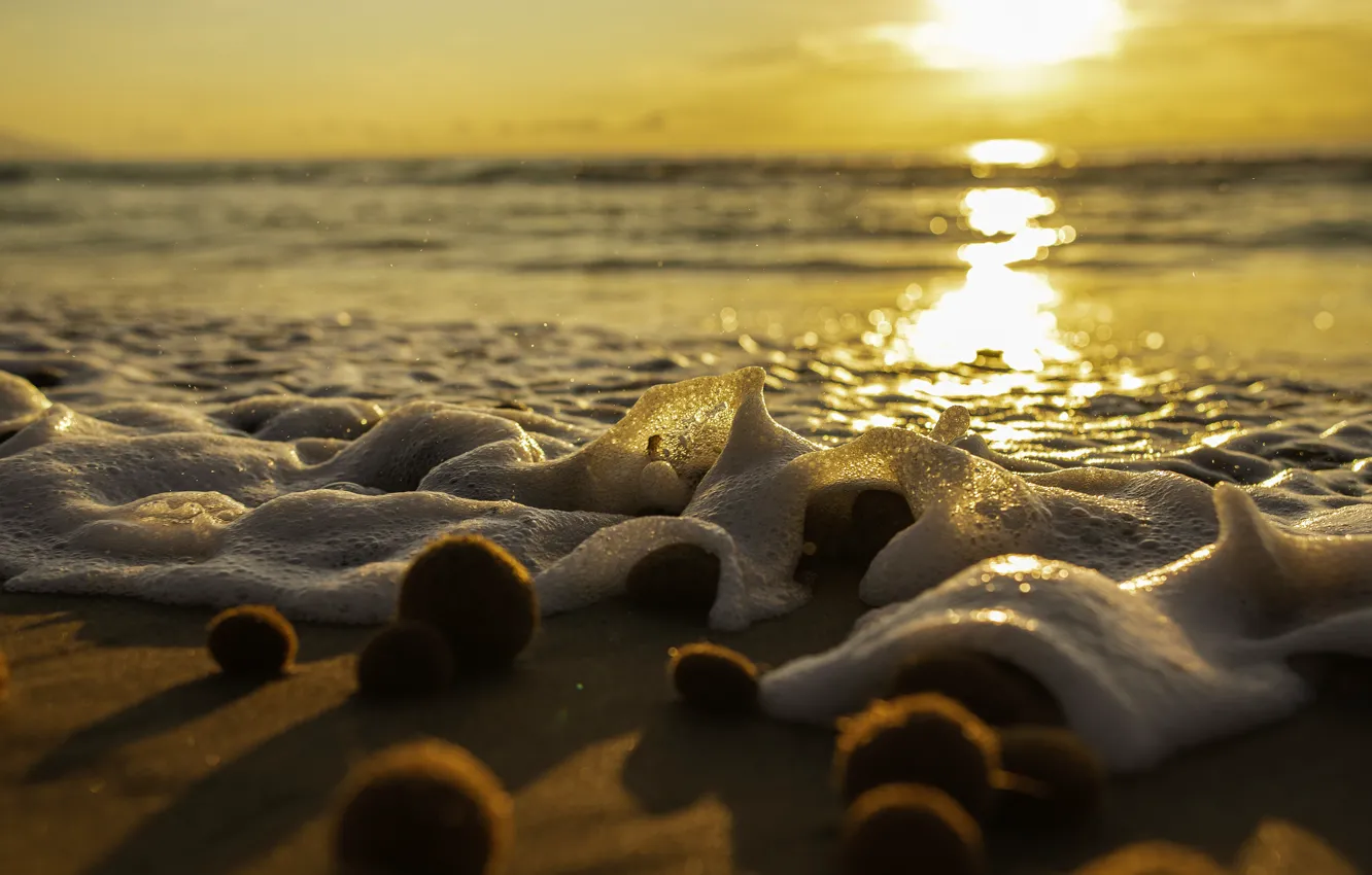 Photo wallpaper sea, wave, the sky, foam, the sun, balls, light, sunset