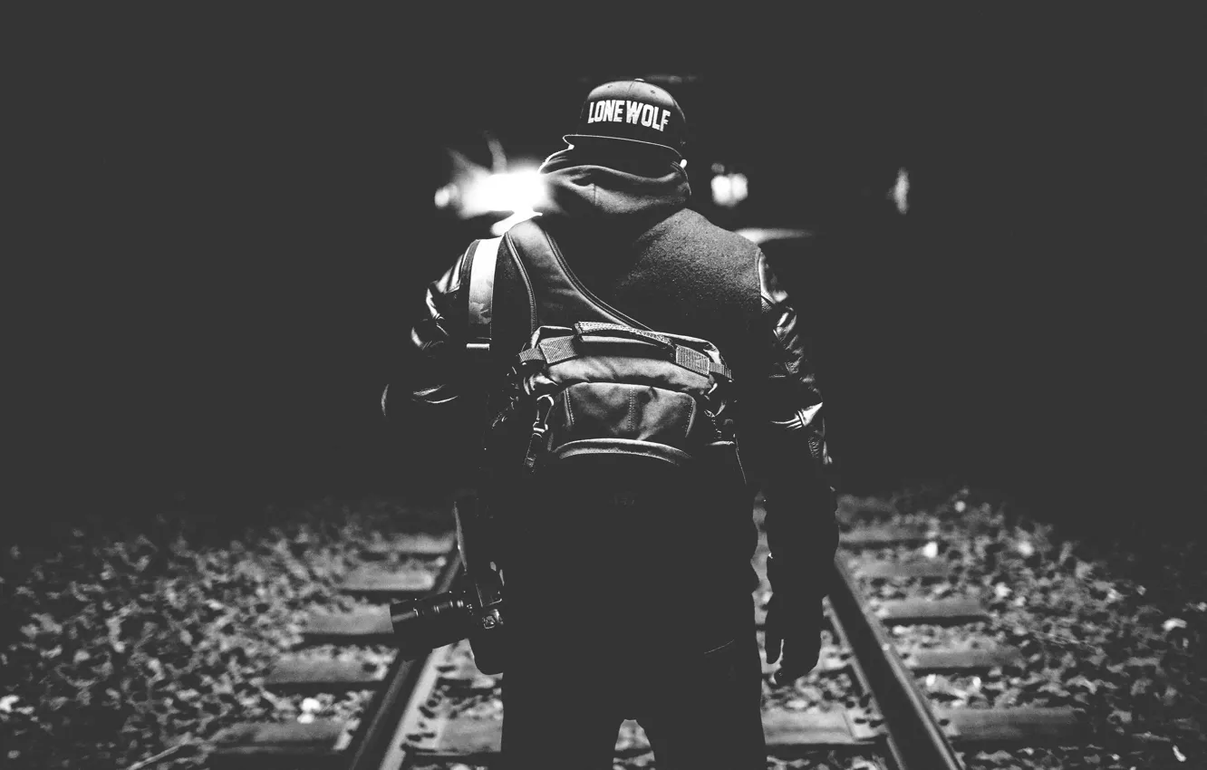 Photo wallpaper light, darkness, hat, back, camera, railroad, male, backpack