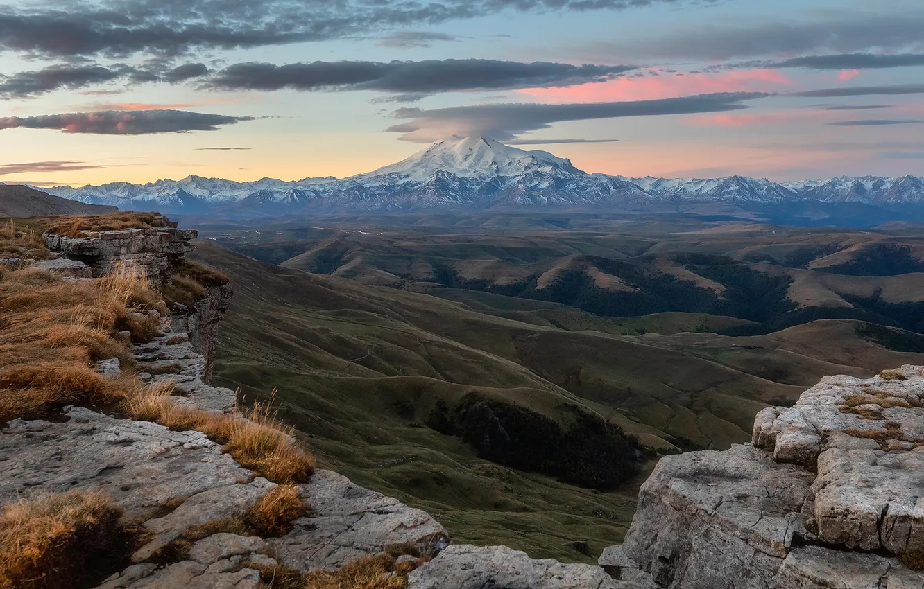 Photo wallpaper sky, landscape, nature, mountains, clouds, snow, hills, snowy peak