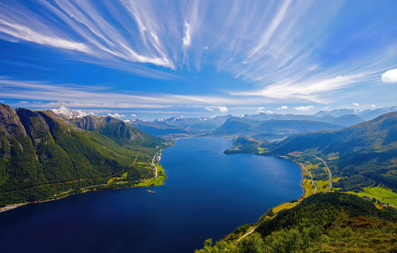 Photo wallpaper mountains, lake, Norway, panorama, panorama, mountains, lake, blue sky