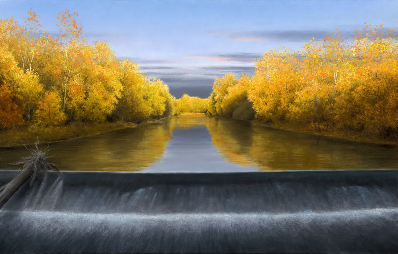 Photo wallpaper autumn, the sky, waterfall, log, yellow leaves, Volkov Alexander, October Evening