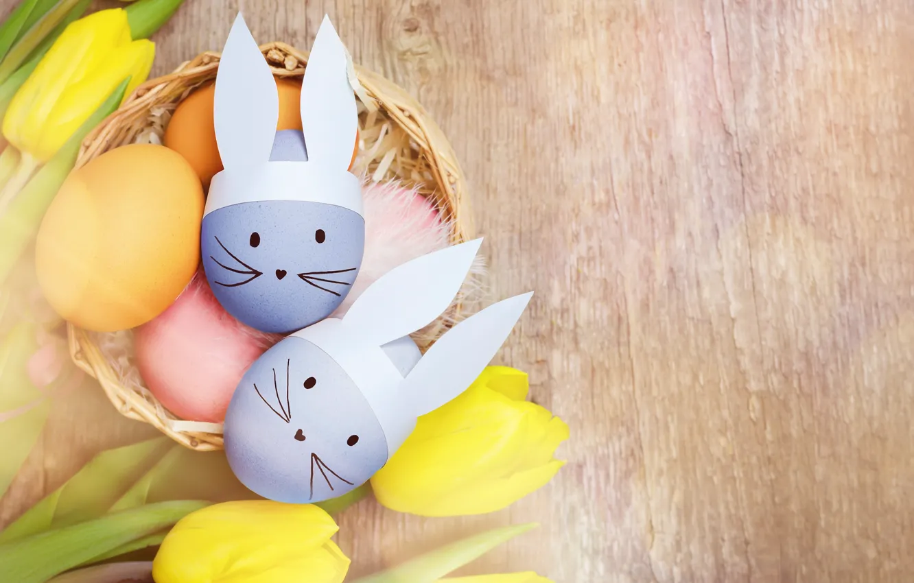 Photo wallpaper flowers, yellow, holiday, Board, eggs, bouquet, spring, rabbit