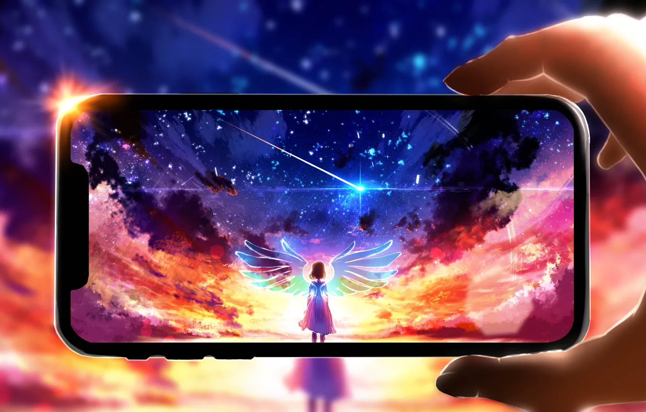 Photo wallpaper girl, sunset, iPhone, fairy, wings, smartphone