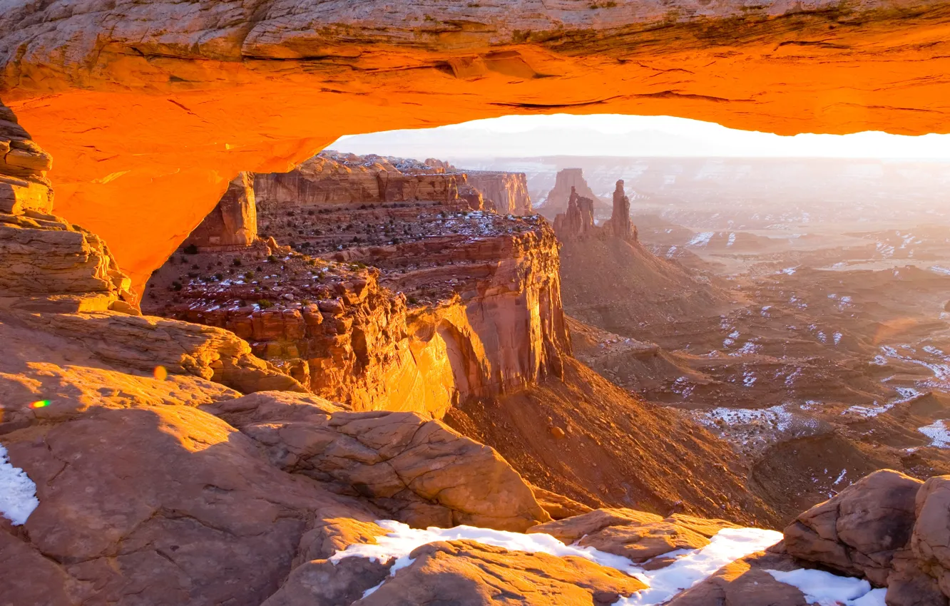 Photo wallpaper the sun, snow, stones, rocks, canyon, USA, Mesa Arch, Canyonlands National Park
