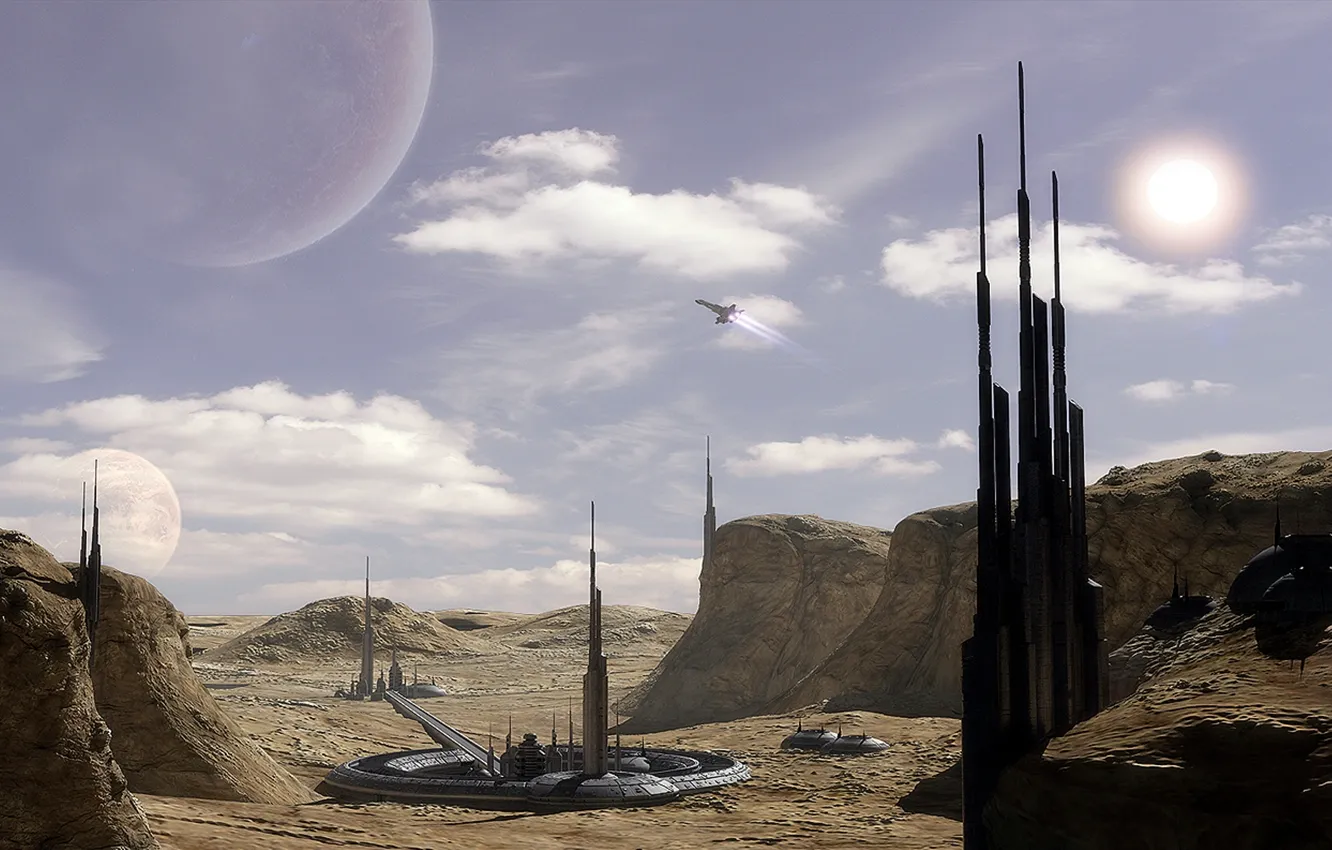 Photo wallpaper sky, mountains, clouds, spaceship, station, planet, Stellar, Towers