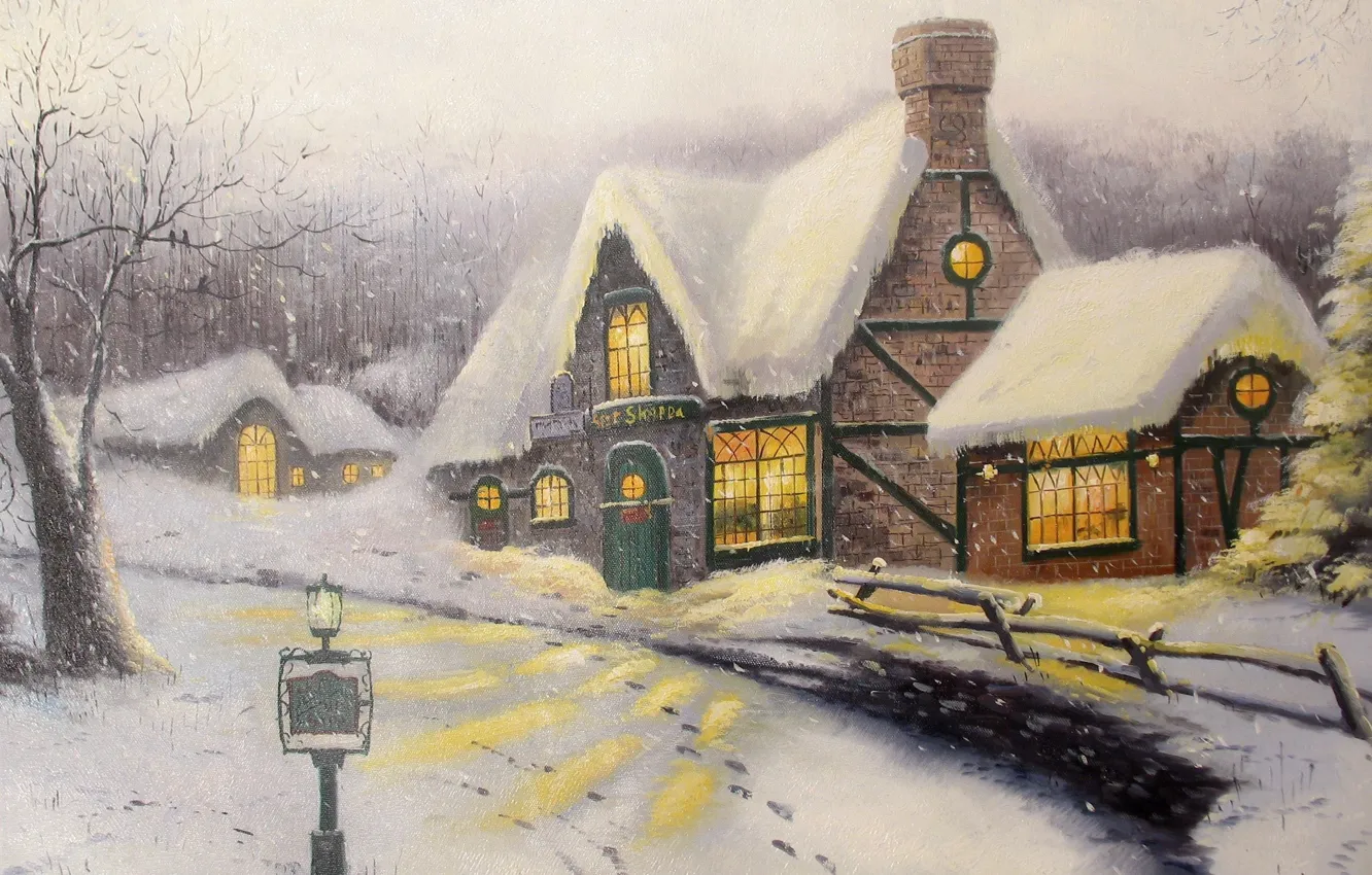 Photo wallpaper winter, snow, picture, painting, cottage, Thomas Kinkade, Olde Porterfield Gift Shoppe