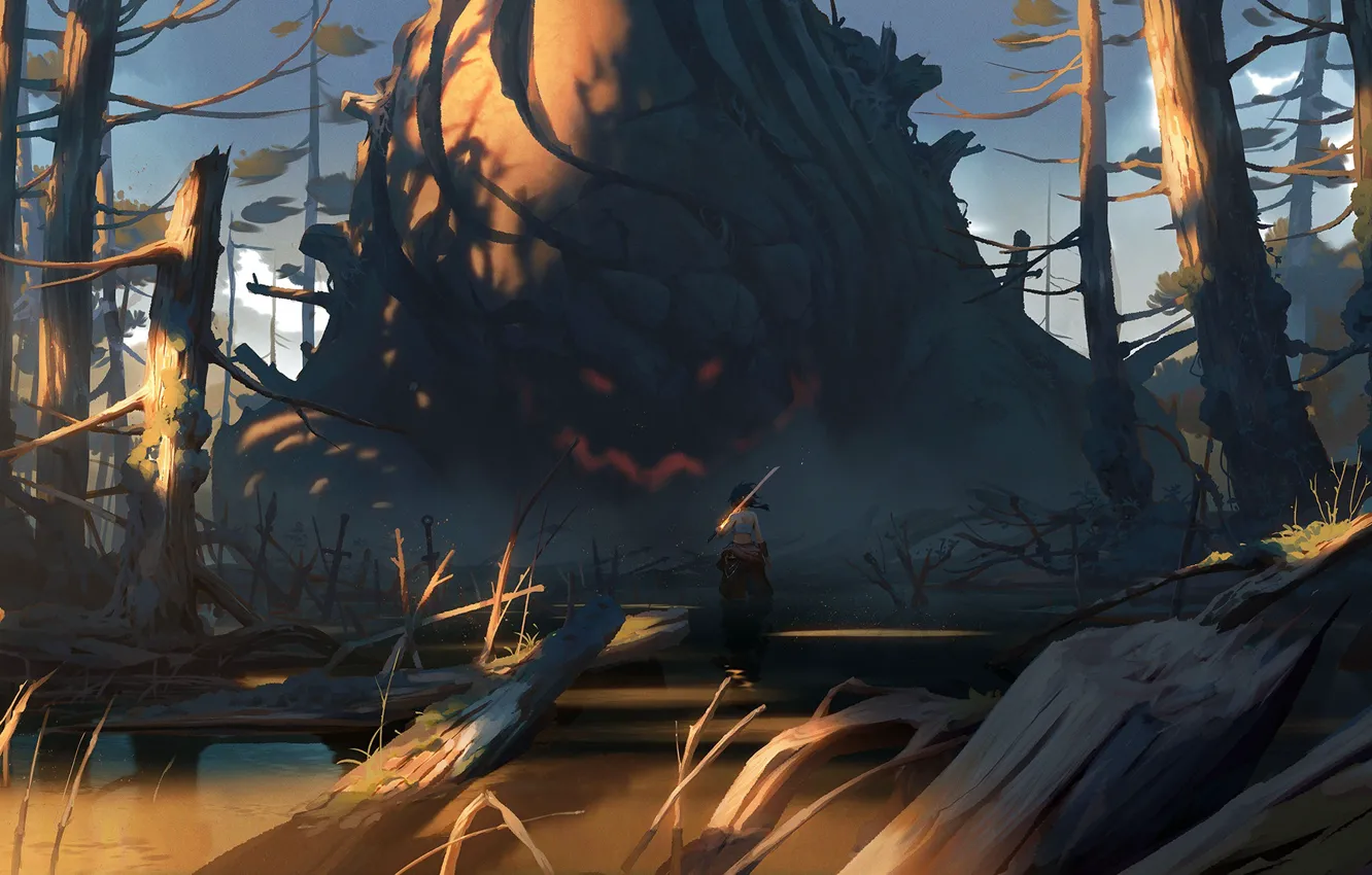 Photo wallpaper trees, smile, magic, monster, sword, warrior, sword, monster