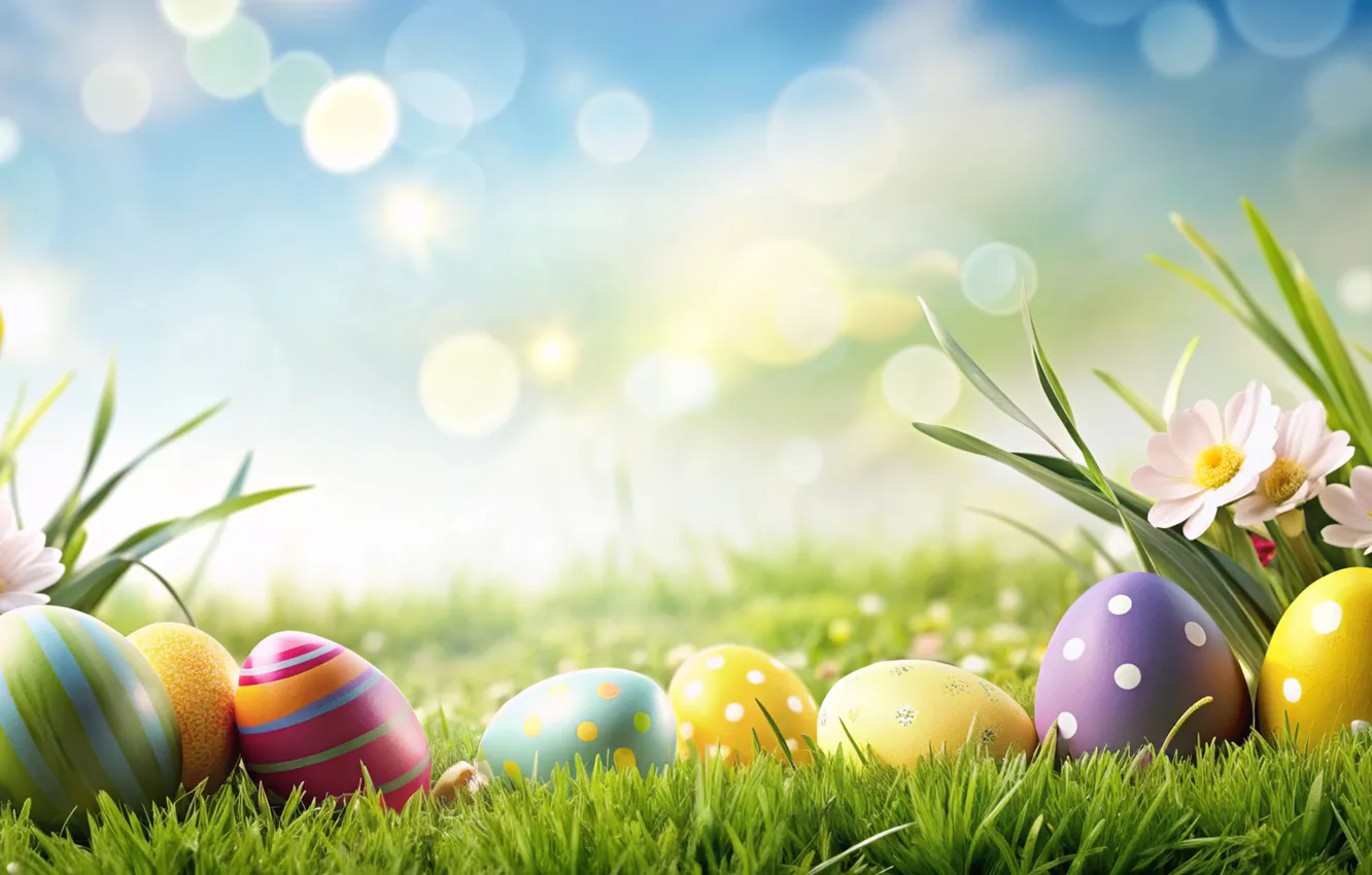 Photo wallpaper flowers, eggs, spring, colorful, Easter, happy, flowers, spring