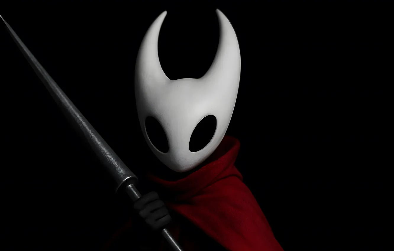 Photo wallpaper sword, mask, black background, simple background, looking at viewer, Hollow Knight, video game characters, centered