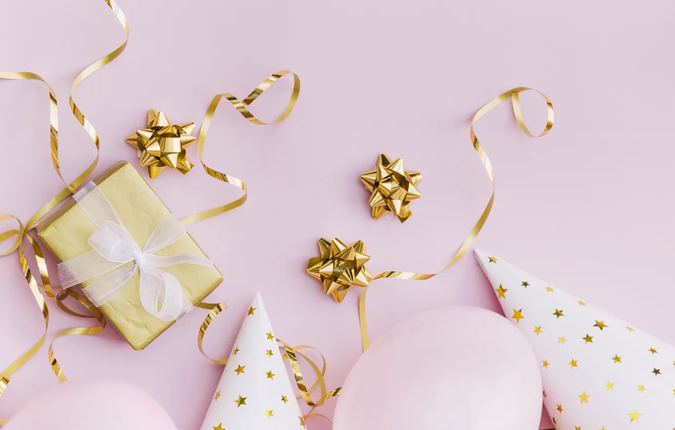 Photo wallpaper background, pink, gift, cap, balloon, Balloons, gift-box