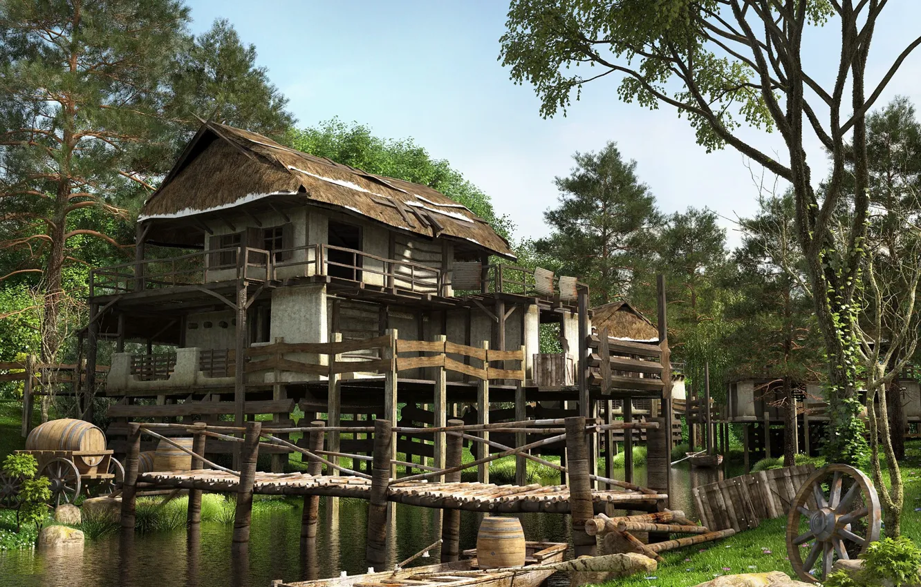 Photo wallpaper trees, boat, wheel, buildings, ABANDONED HOUSES
