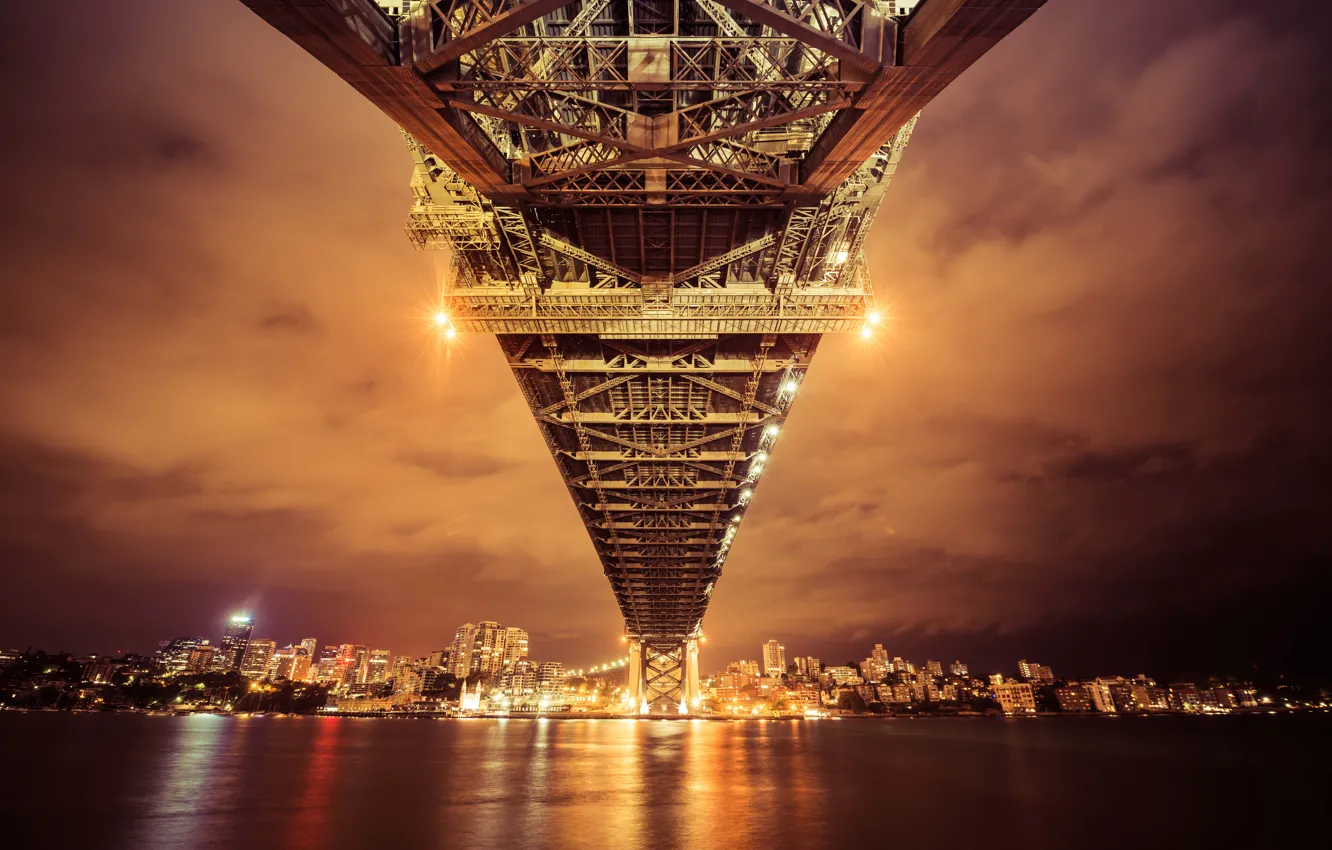 Photo wallpaper Australia, bay, night, reflection, lights, cityscape, Sydney, bridge