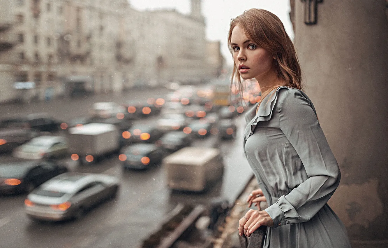 Photo wallpaper girl, grey, rain, street, dress, Moscow, beautiful, Anastasia Shcheglova
