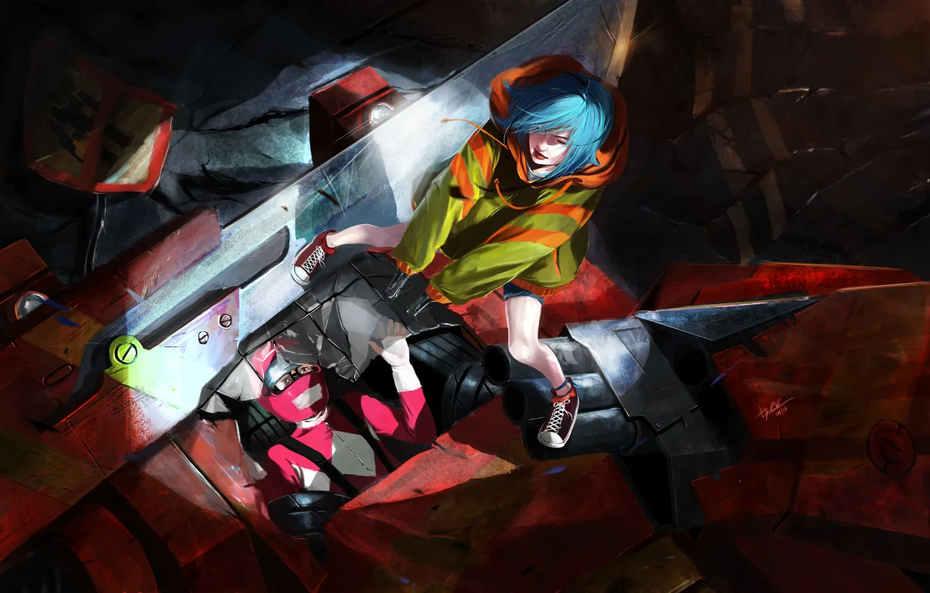 Photo wallpaper machine, girl, weapons, art, pilot