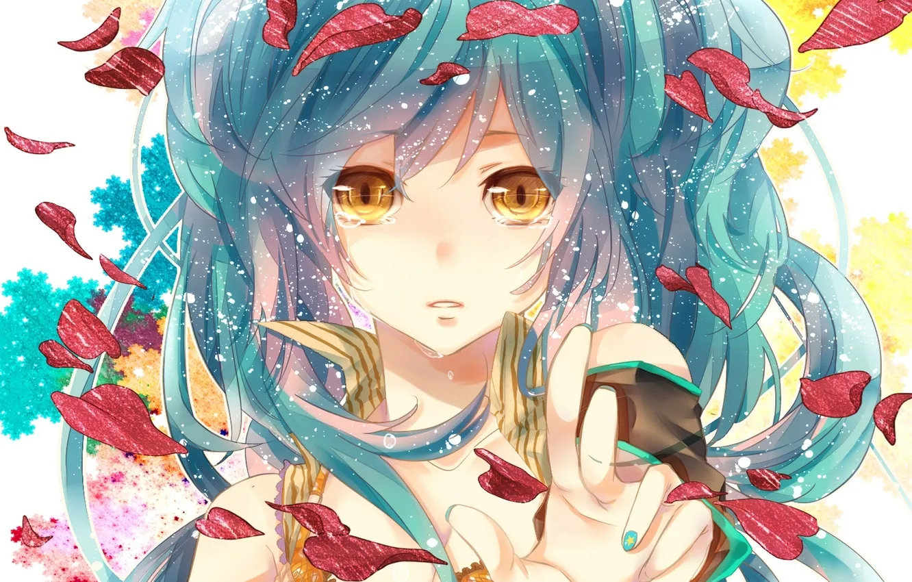 Photo wallpaper girl, petals, tears, art, vocaloid, hatsune miku, Vocaloid, sora choko