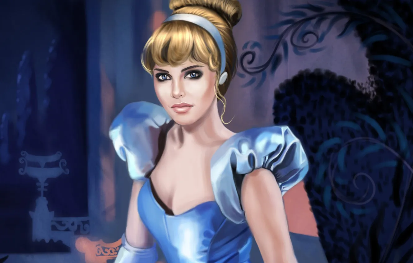 Photo wallpaper look, girl, cartoon, hairstyle, Cinderella, Disney, blue dress