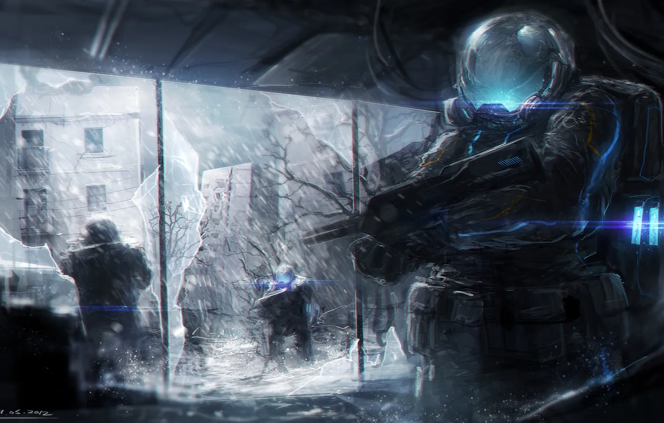 Photo wallpaper snow, weapons, warrior, armor, ruins, postapokalipsis