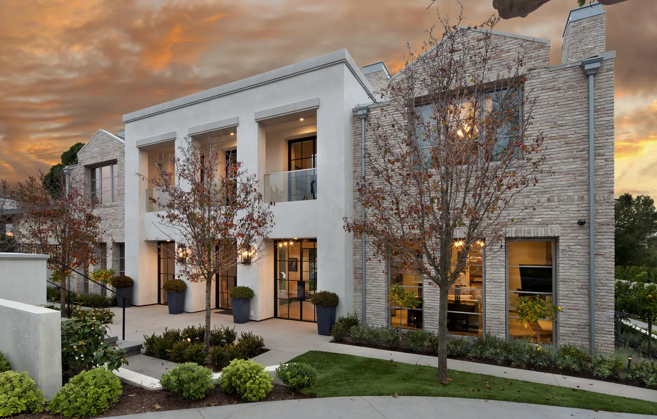 Photo wallpaper trees, sunset, design, lights, lawn, home, the evening, CA