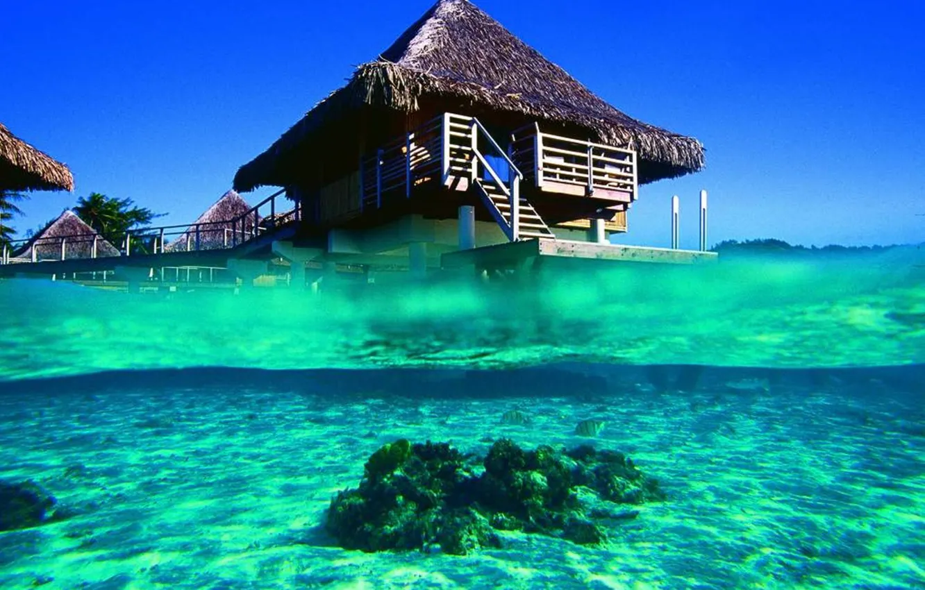 Photo wallpaper the ocean, Bungalow, Bora, blue lagoon, french polynesia, bora-bora