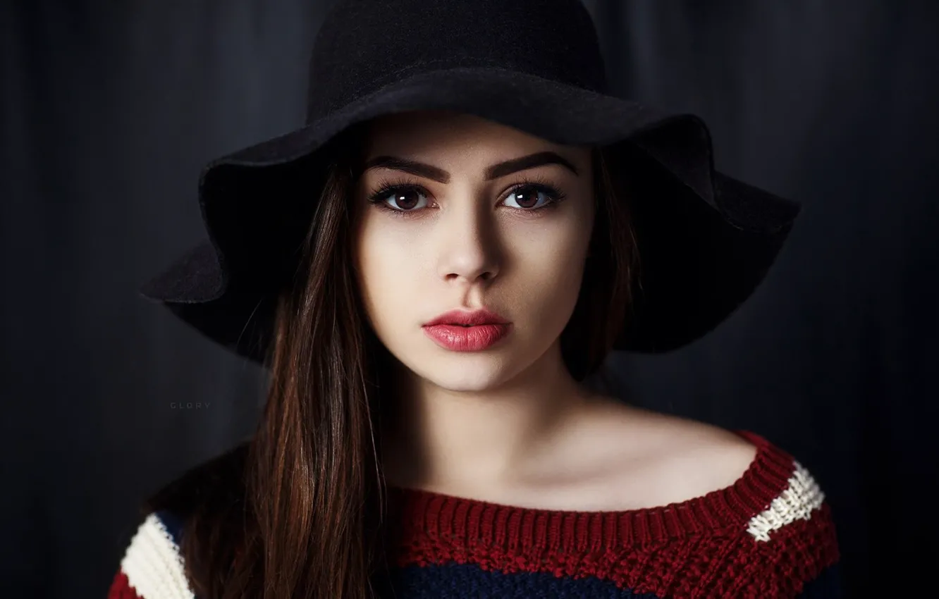 Photo wallpaper look, girl, face, background, portrait, hat, makeup, hairstyle