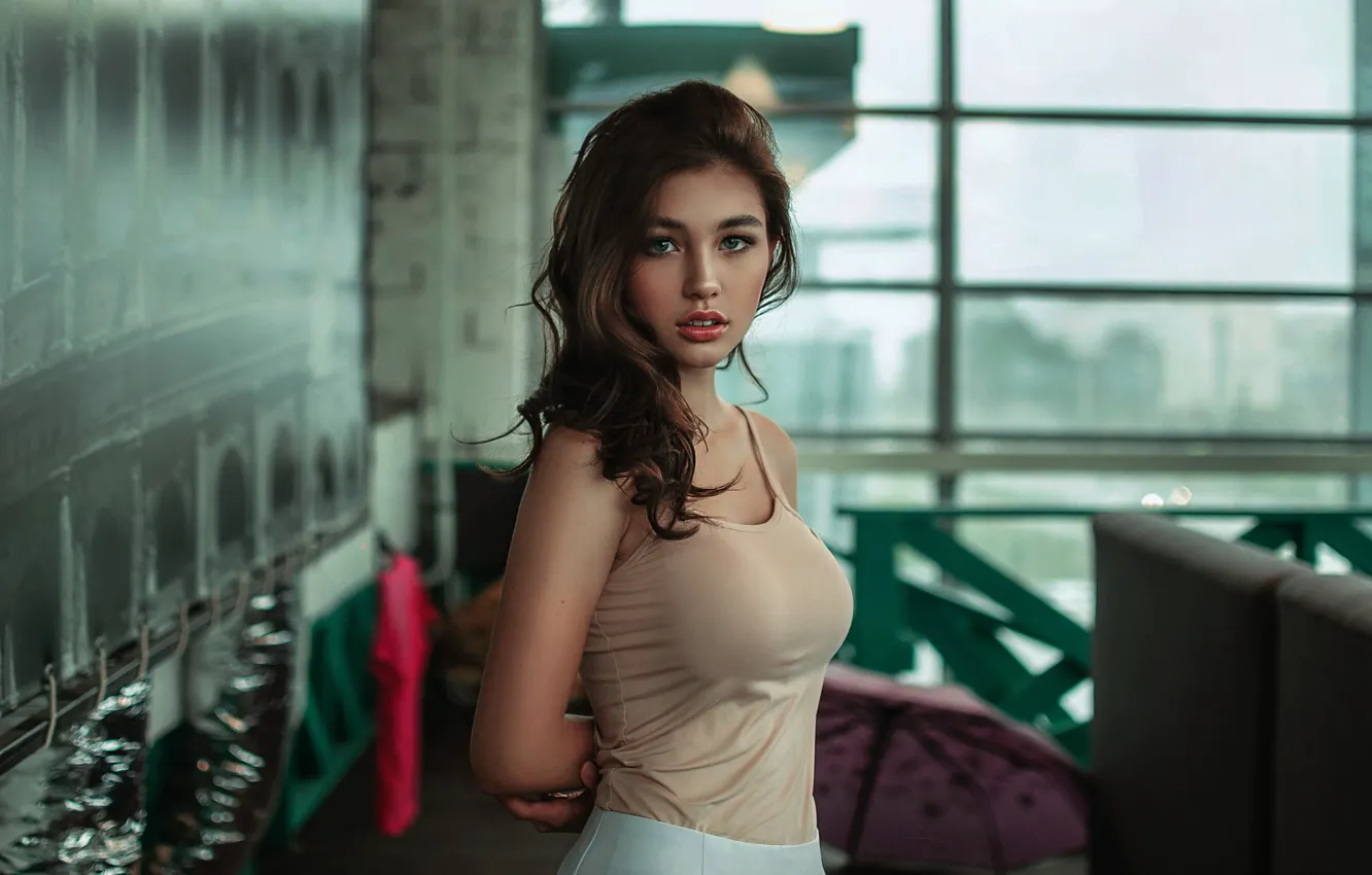 Photo wallpaper chest, look, girl, pose, hair, skirt, window, hairstyle