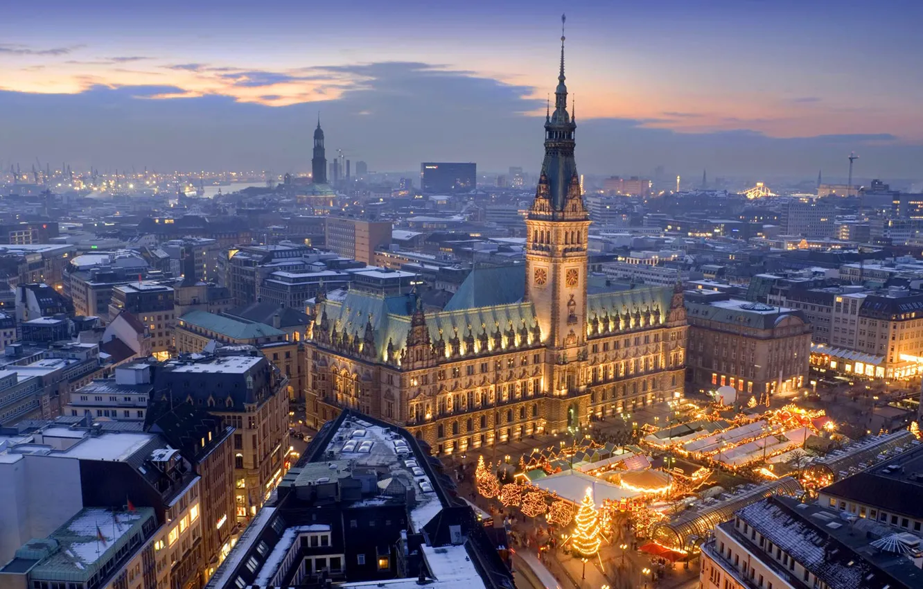 Photo wallpaper holiday, Germany, Christmas, panorama, Hamburg, market, town hall