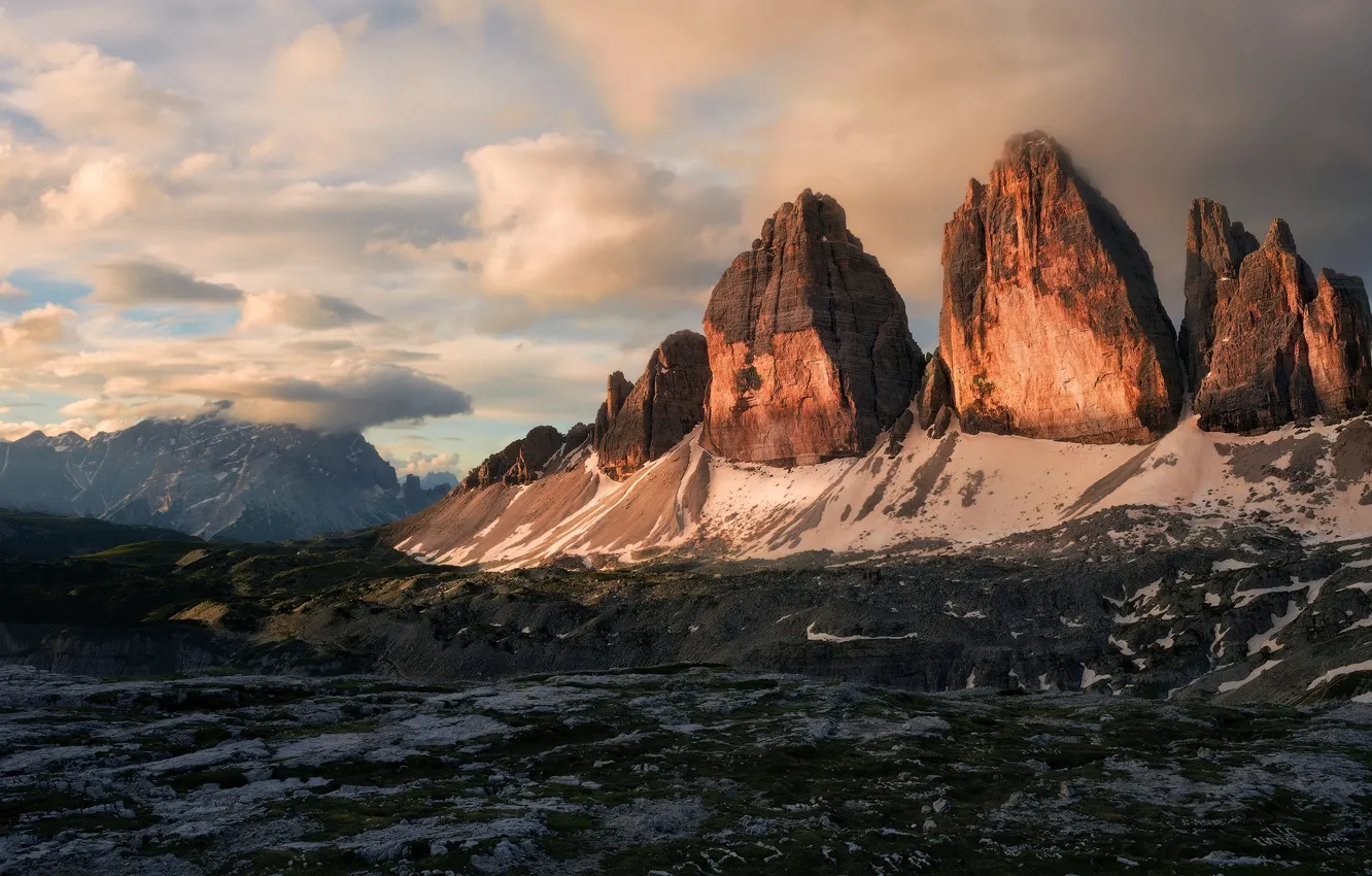 Photo wallpaper the sky, light, mountains, stones, rocks, tops, view, beauty
