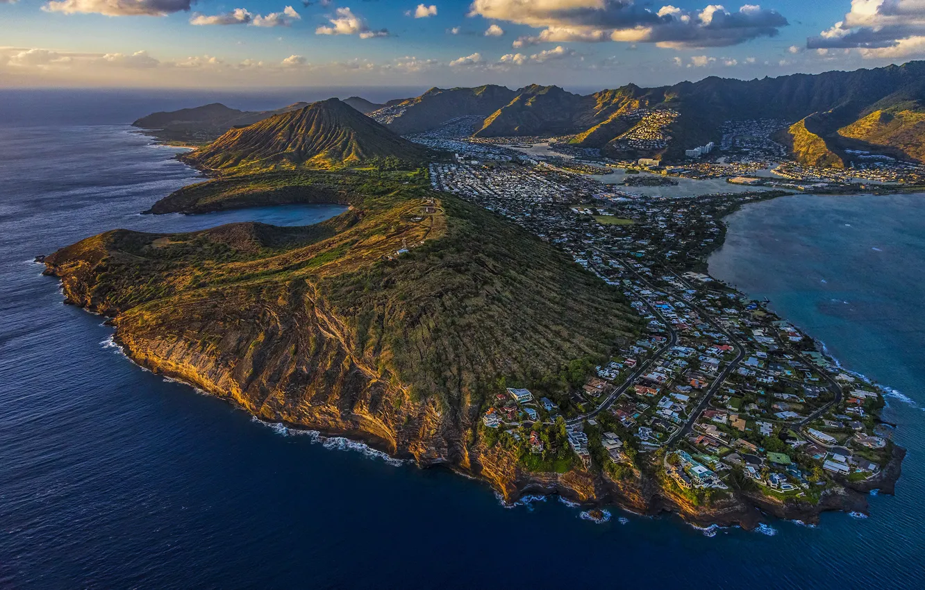 Photo wallpaper sea, mountains, view, settlement