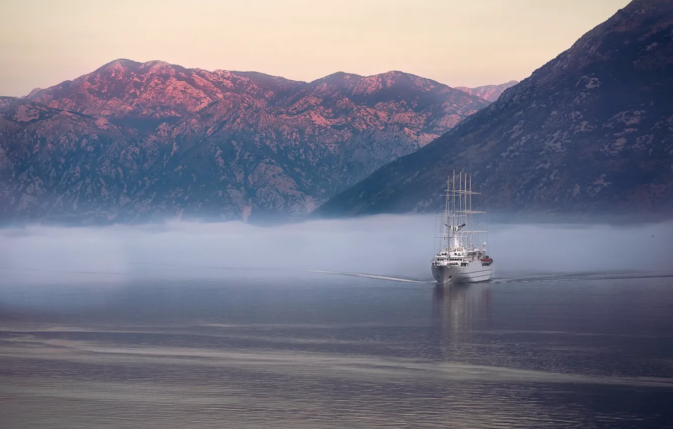 Photo wallpaper mountains, fog, ship, sailboat, pond