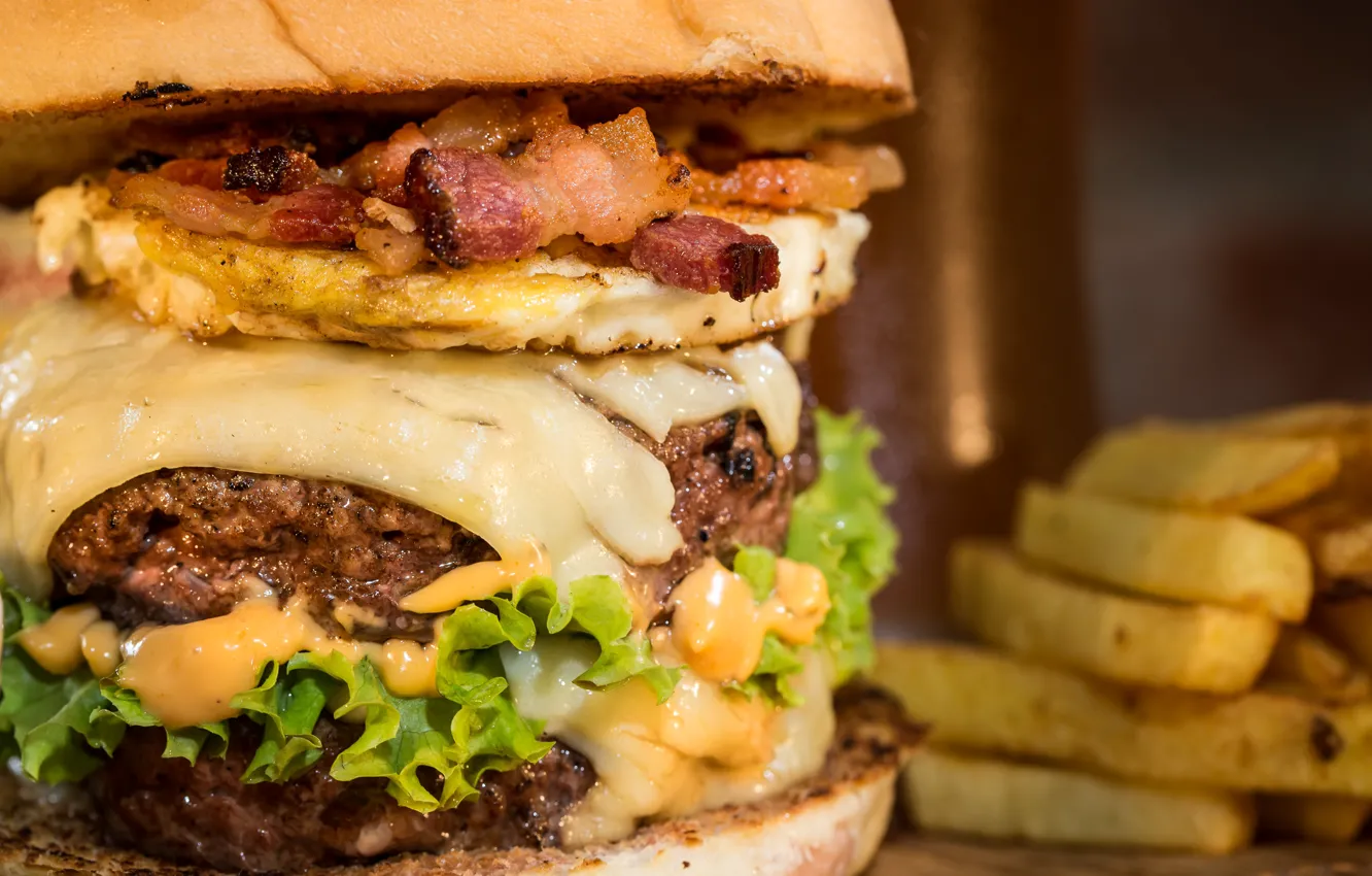 Photo wallpaper bread, table, hamburger, french fries