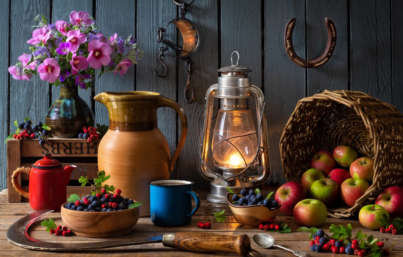 Photo wallpaper flowers, berries, basket, apples, Board, lamp, kettle, mug