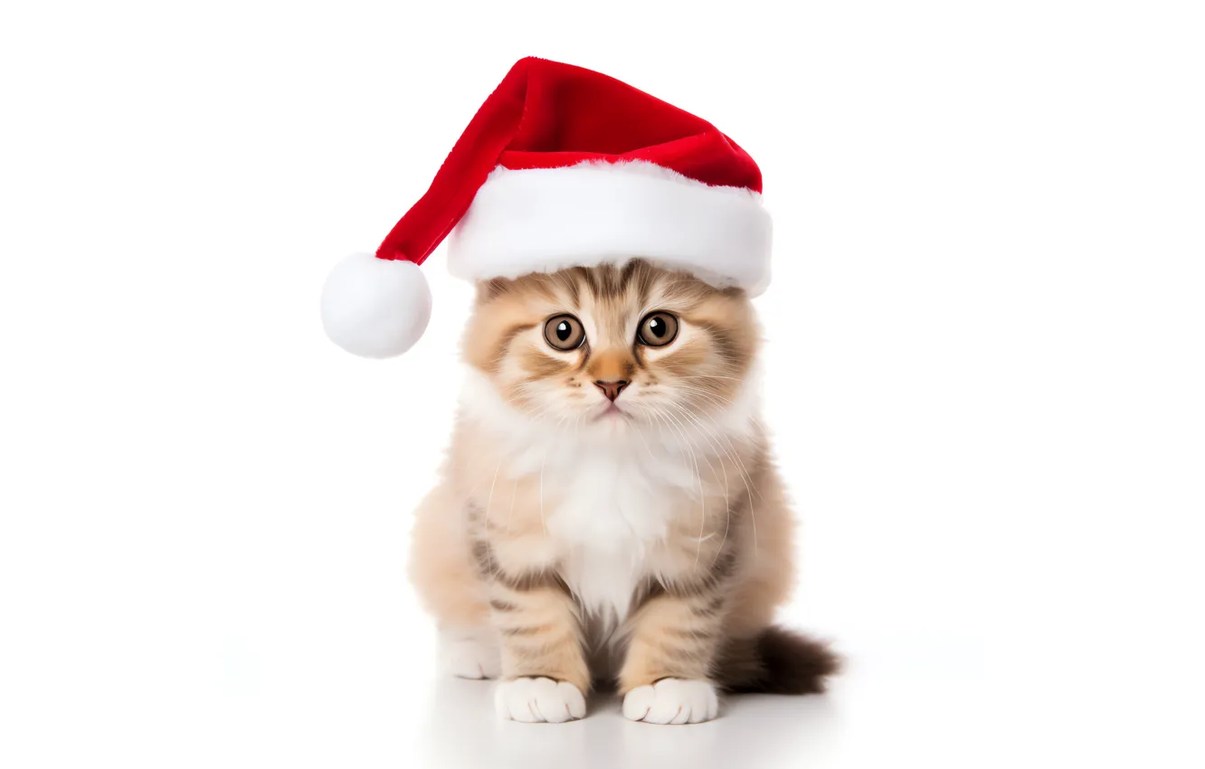 Photo wallpaper cat, look, sweetheart, new year, small, baby, Christmas, white background