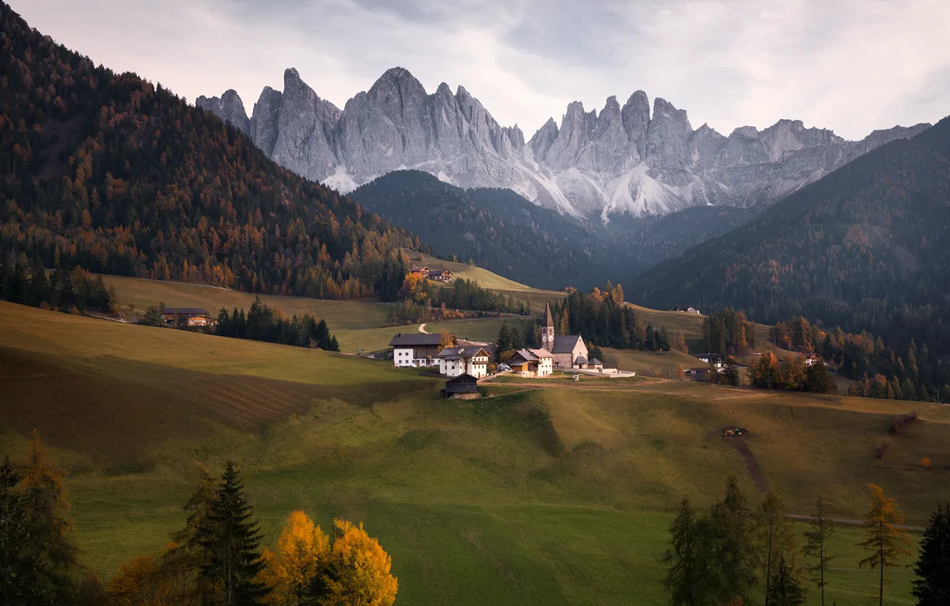 Photo wallpaper autumn, landscape, mountains, nature, home, village, Italy, Church