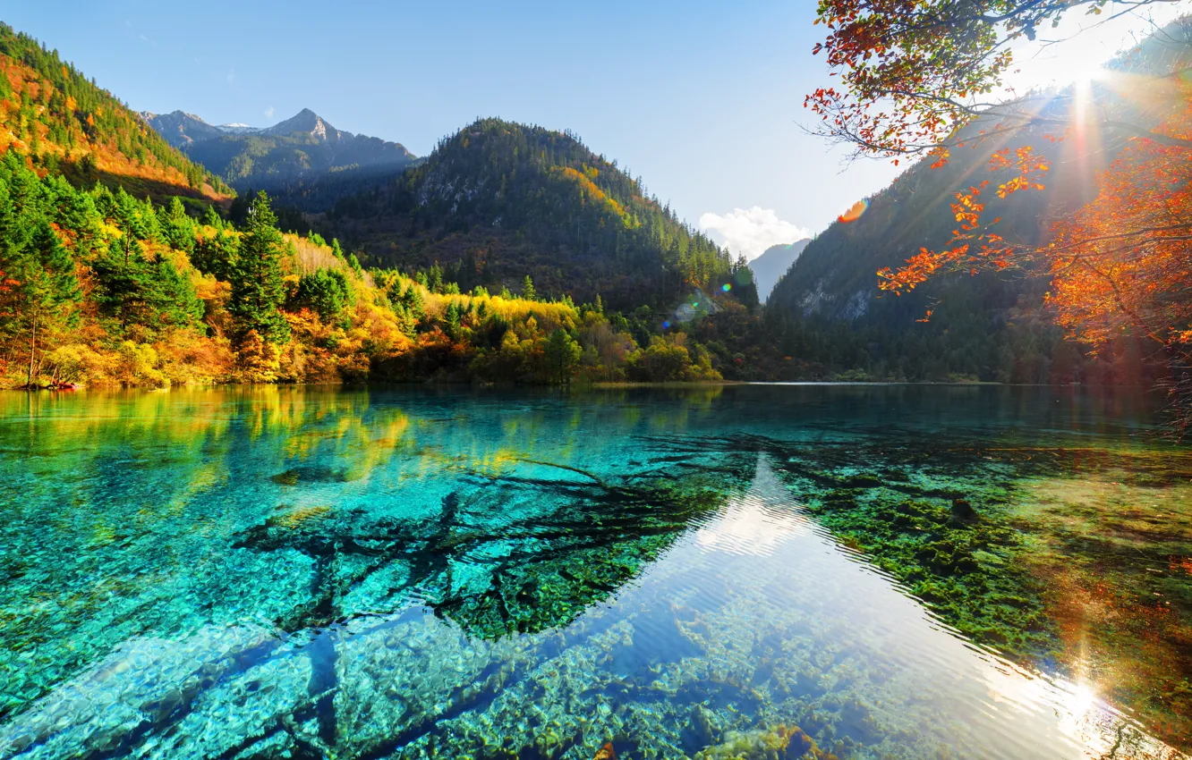 Photo wallpaper autumn, forest, the sky, the sun, trees, mountains, lake, rocks