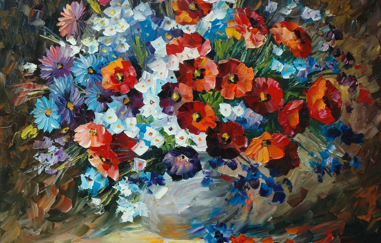 Photo wallpaper flowers, bouquet, petals, pictures, vase, painting, Leonid Afremov