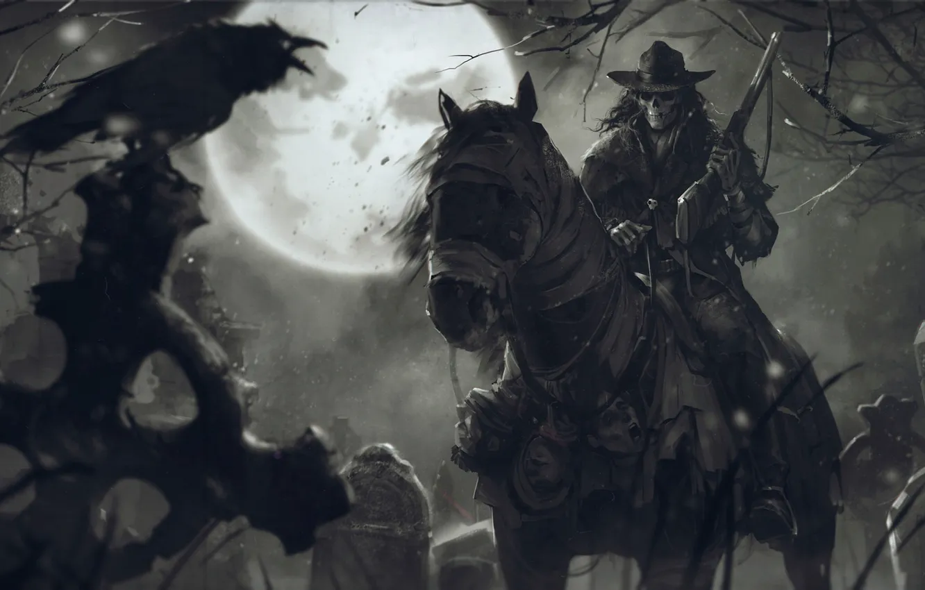 Photo wallpaper night, weapons, the moon, skull, cemetery, rider, dead